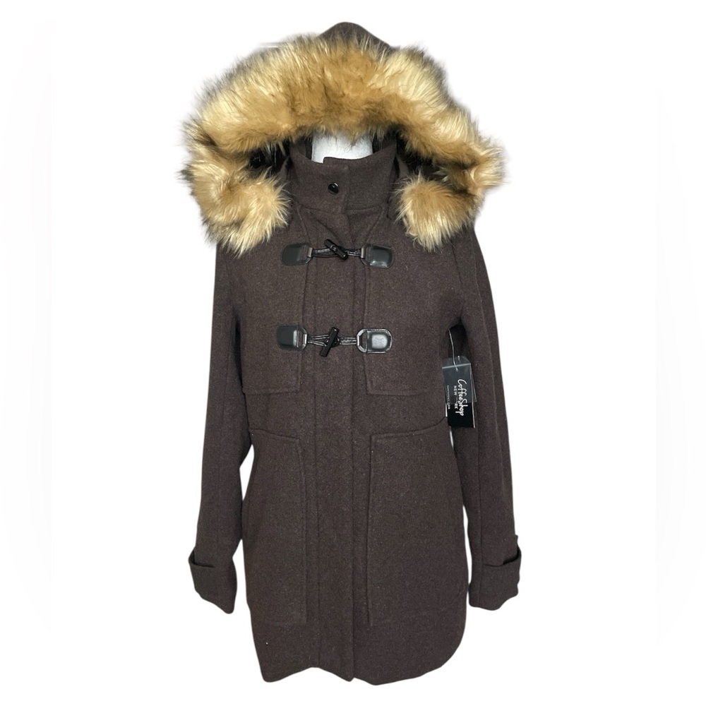 CoffeeShop Brown Pea Coat with Faux Fur Hood